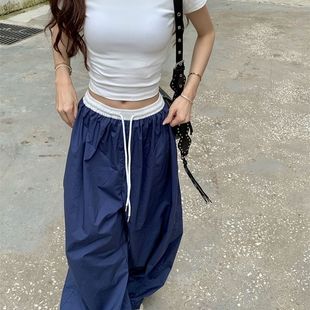 [Quick Drying] Ins Internet Celebrity Explosions Retro American Stitching Contrast Color Wide Leg Loose Casual Thin Trousers Trend