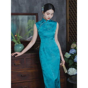 Green Wine Song｜ретро Cheongsam Blue Новый китайский стиль Новый стиль Отбеливающее и утягивающее платье Летнее повседневное женское платье без рукавов