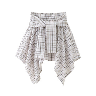Irregular Plaid Skirt Women's Summer New Slim Retro A- Line Skirt Lined Loose Shirt Skirt