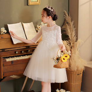 Girl's Princess Dress White Mid-Sleeve Puff Mesh Wedding Dress Children's Catwalk Piano Performance Dress Wedding Dress
