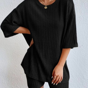 American 2024 New Casual Fashion Slimming suit Women's Summer Thin Round Neck Loose Short Sleeve Shorts Two-piece Set