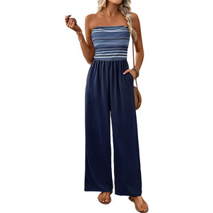 Amazon 2025 summer new European and American casual simple jumpsuit cross-border elastic stitching striped jumpsuit