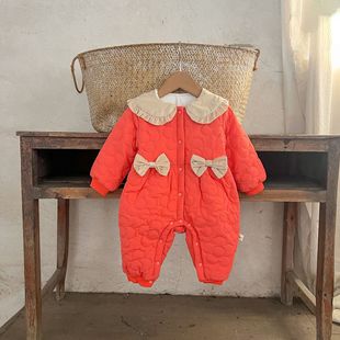 ins Korean style newborn fleece-lined quilted thickened lapel bow romper cotton-padded clothes infant warm winter fashion