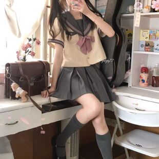 chubby girl plus size Summer Japanese Style JK Female Student Loose Bow-tie Navy Collar Short-sleeved Sailor Suit Ins Skirt