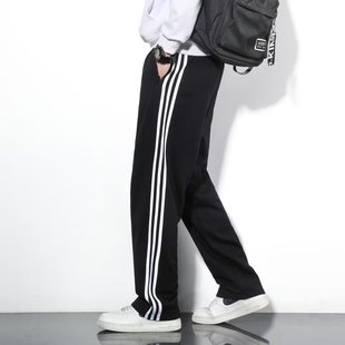 Casual pants autumn and winter men's fleece-lined ankle-tied sweatpants three bars sports pants men's loose straight pants winter men's pants