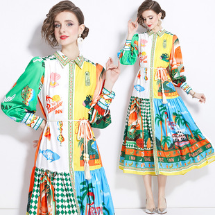 Real shot in stock 2024 spring and autumn new vintage cotton and linen lapel lantern sleeve printed dress dress