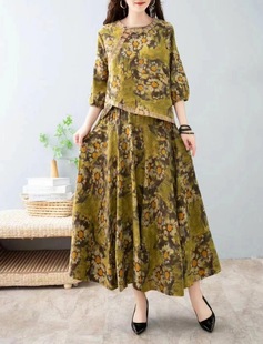 Zhili cotton and linen printed suit skirt two-piece large size women's casual loose Chinese retro small shirt wholesale