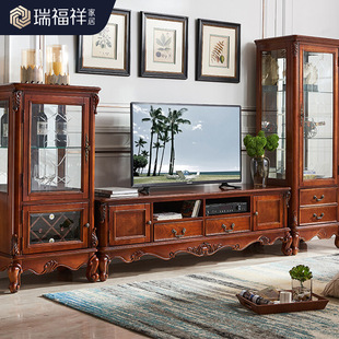 Ruifuxiang American Style Full Solid Wood TV Cabinet Household Small Apartment Living Room Wine Cabinet European Style Bedroom Floor Wall Cabinet Combination