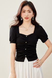 Ming Hai Real Pat ◆ in stock ◆ 2025 Summer French Retro Heart Collar Knitted Sweater Women's Bubble Sleeve Chic Top