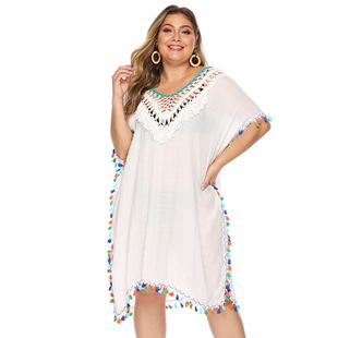 Cross-border plus size Women's Hand Hook Stitching Color Tassel Deep V Sexy Loose plus size Beach Blouse Women's Backless Dress