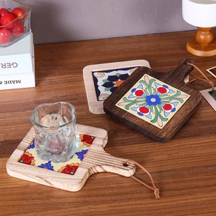 Heat Insulation Pad Vintage Solid Wood Tile Handle Pot Pad Wooden Anti-scalding Plate Coaster Home Casserole Soup Pot Heat Insulation Wooden Pad