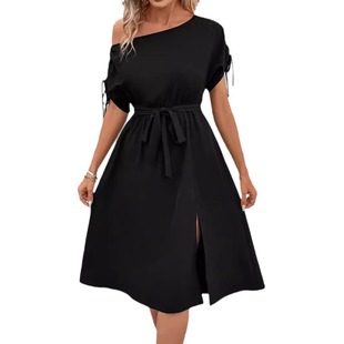 5081 in stock foreign trade goods source spring and summer women's elegant fashion solid color short sleeve dress