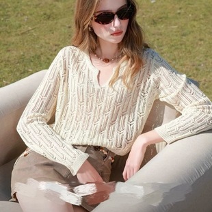 2025 Spring New Nomad Style Hollow Out Blouse Lazy Knitwear Loose Pullover Round Neck Top V-Neck