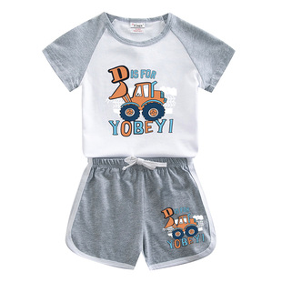 Excavator boys' summer suit 2023 new cartoon loose children's short-sleeved T-shirt shorts boys' two-piece suit