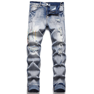 AM European and American high street fashion Men's blue skinny jeans embroidered paint ripped stretch small straight pants cross-border 3730
