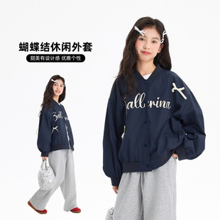 Girls' Bow Coat 2025 Spring New Children's Korean Casual Letter Baseball Suit Loose Jacket Top