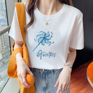 Cotton Short-sleeved T-shirt Women's Shoulder 2024 Spring and Summer New Half-sleeved T-shirt Top Loose Couple Dress
