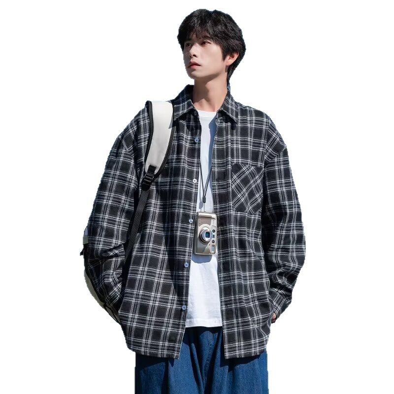 2025 봄과 가을 새로운 홍콩 스타일 ins 유행 브랜드 격자 무늬 긴팔 셔츠 느슨한 bf 캐주얼 셔츠 재킷 남성과 여성 유행 1