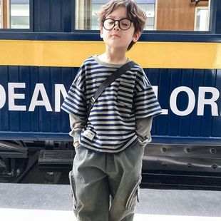 Boys' sweater spring and autumn 2024 children's western style loose striped fake two-piece top medium and big children's spring clothes fashion