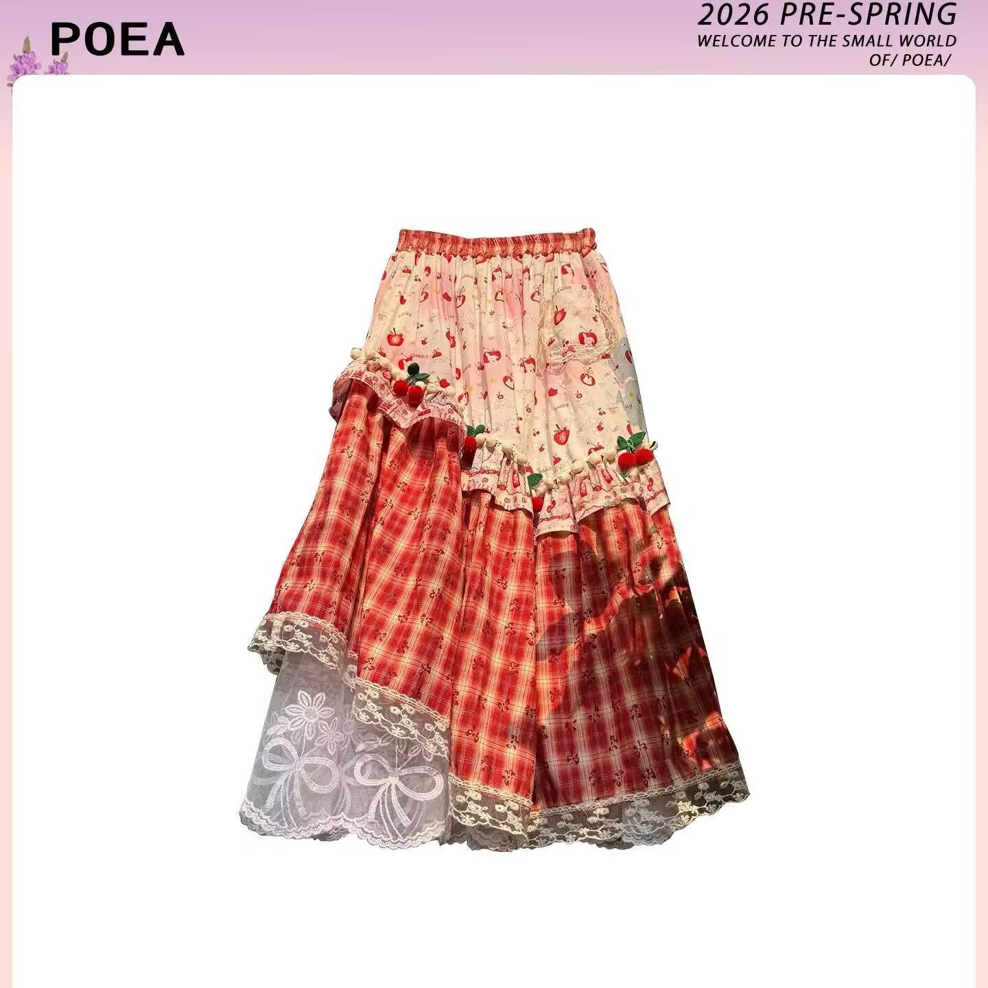 Strawberry Sweetheart Pastoral Artistic Style Contrast Color Lace Skirt for Women, Spring 2026 Slimming Mid-Length Skirt