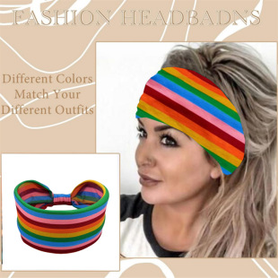 TEMU Cross-border Bohemian Women's Explosive Hair Band Rainbow Stripe Hair Band Sports Yoga Headband Headwear