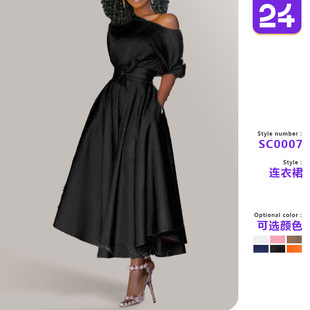2024 New Spring and Summer European and American Foreign Trade Women's Amazon One-shoulder Lace-up Waist Slim-fit Mid-length Dress