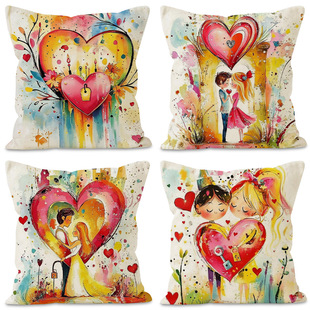 New Valentine's Day Love Pillow Case Linen Printed Pillow Case Cross-border Home Bedroom Sofa Cushion Cover Wholesale