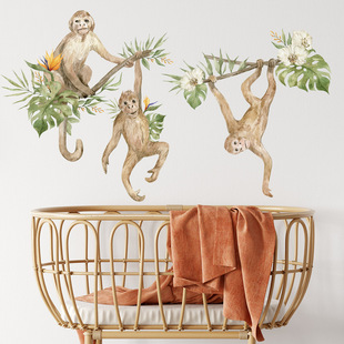 Cross-border new tropical animal wall stickers watercolor monkey flower stickers children's room bedroom decoration ZC-391-071