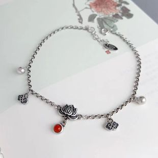 New Jewelry vintage silver-plated Lotus anklet women's South red agate niche design tassel anklet anklet jewelry