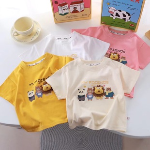 Parent-child cute baby fashion cartoon three-dimensional doll T-shirt children's short sleeve cotton boys and girls summer single solid color