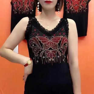 *** Colored Diamond Vest Women's Summer plus size Lace V-neck Sleeveless Top Stretch All-match Sling Small Shirt