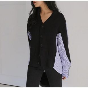 South Korea women's clothing early autumn new V-neck striped shirt stitching loose knitted cardigan sweater coat mid-length women's