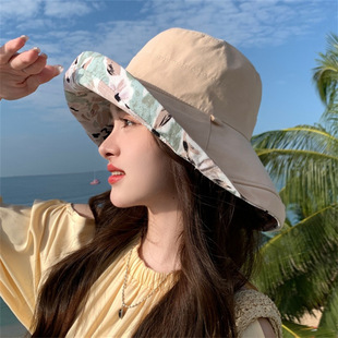 Printed double-sided fisherman hat spring and summer Korean style versatile big head circumference basin hat UV protection big brim sun protection hat