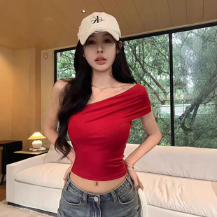 Sexy Sweet Spice Girl Slant Shoulder T-shirt Women's Summer Waist Short-sleeved Irregular Design off-shoulder Short Top