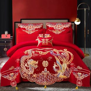 High-grade dragon and phoenix embroidery wedding four-piece wedding bed wedding big red bed sheet bed hat festive quilt cover wedding bed