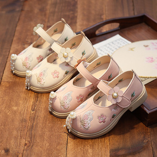 Hanfu Shoes Girls' Embroidered Shoes Children's Antique Ethnic Clothing National Style Little Girl's Princess Shoes Soft Sole Leather Shoes