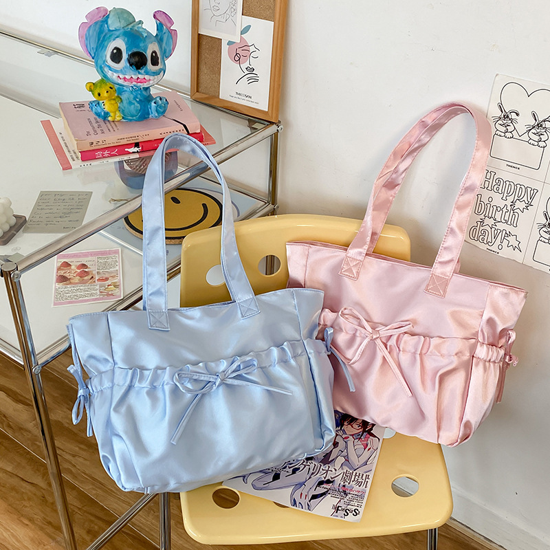 Japanese Style Pleated Bow Shoulder Bag Fashion Tote Bag Pearlescent Satin Ballet Pleated Girl Style Handbag