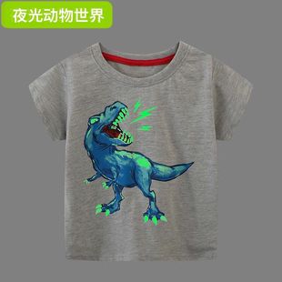 2023 Summer Dress Boys Luminous Printed Dinosaur Pattern Children's Short-sleeved T-shirt Base Trendy Korean Fashion June 1