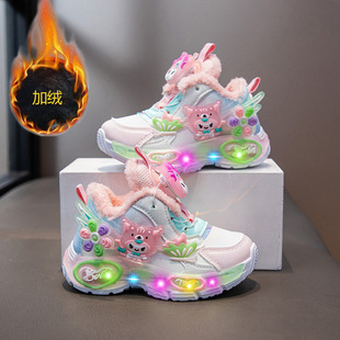 Girls cartoon rotating button sneaker 2024 winter new children's soft bottom kulomi lights Torre shoes wholesale