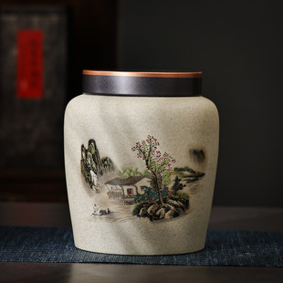 Stoneware tea jar ceramic large household dried fruit candy sealed jar moisture-proof Red and Green Pu'er tea storage jar tin cover