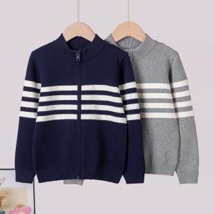 Cross-border Direct Supply ZhongDa Children's Classic Striped Knitted Zipper Shirt Jacket Autumn New Boys Half-turtleneck Single-layer Sweater
