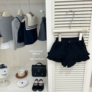 [Le En baby] 25 Summer Girls Navy Collar Doll Shirt Vest Black Ruffled Shorts Fashionable suit
