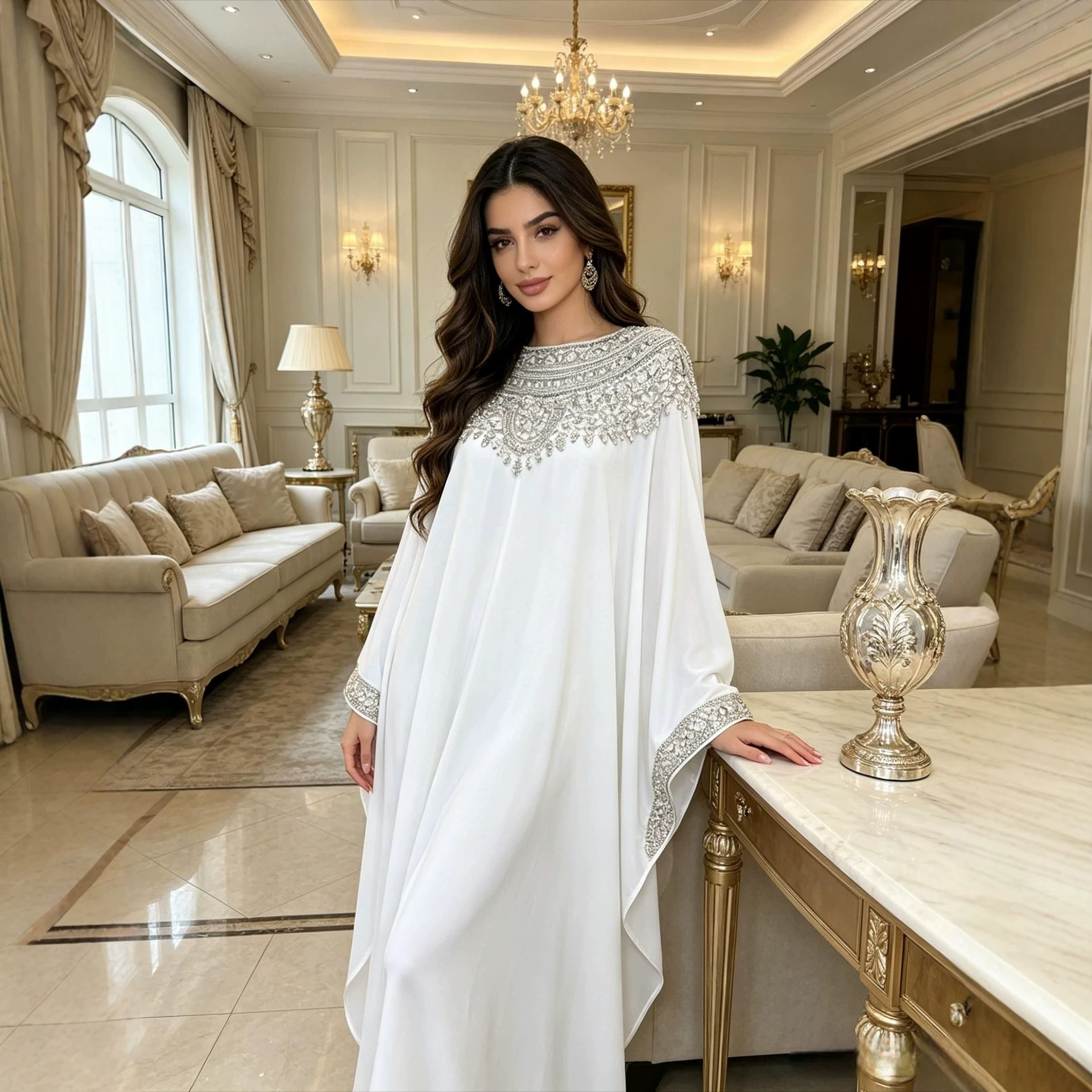Luxurious Heavy-Duty Silver Thread and Diamond-Embellished Round-Neck Gown, Loose-Fitting Wide-Sleeve Long Evening Gown with Rhinestone Embellishments