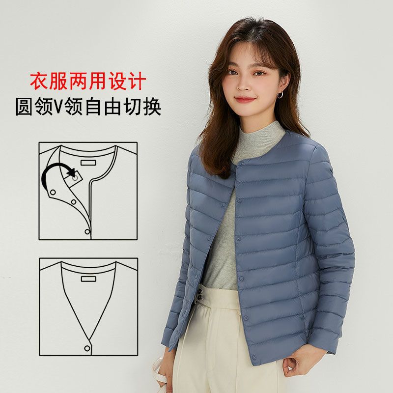 여성용 신상 가을 겨울 얇은 라운드넥 다운 재킷, 브이넥 안감, 숏 스타일, 대형 사이즈, 칼라리스 이너웨어, 보온 재킷