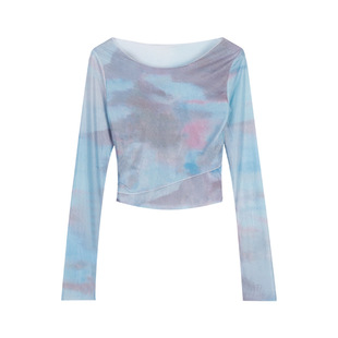 Dream Tie-Dye Mesh Sunscreen Base Shirt Cross U-Neck Irregular Long-Sleeved T-Shirt Women's Short Chic Top for Spring and Summer