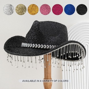 Cross-border men's and women's western cowboy hat metal love gem with rhinestone tassel party hat music party