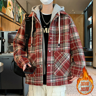 Cross-border Youth Autumn and Winter cotton and thickening Plaid Coat Boys Hooded Fake Two-piece Windproof Warm Cotton Clothes Pin