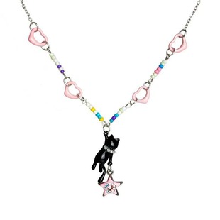 Black Cat Pink Stars Beaded Necklace 2024 New Sweet Cool Spice Style Clavicle Chain Cute All-match Necklace Accessories