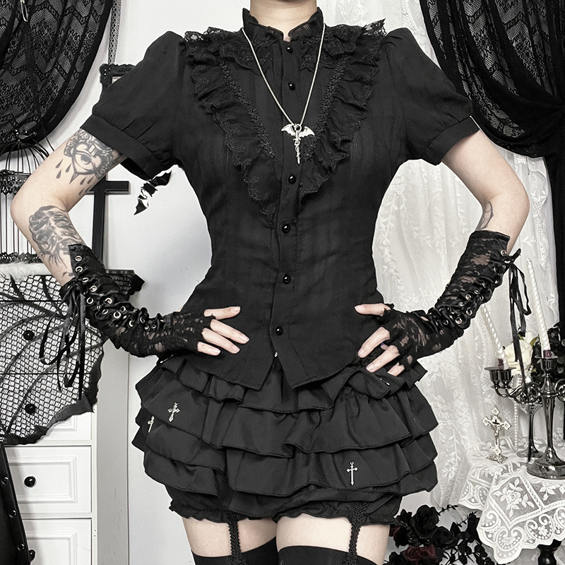 Cf25026 Dark Gothic New Style Stand Collar Ruffled Lace Jacquard Textured Waist-Slimming Hot Girl Shirt