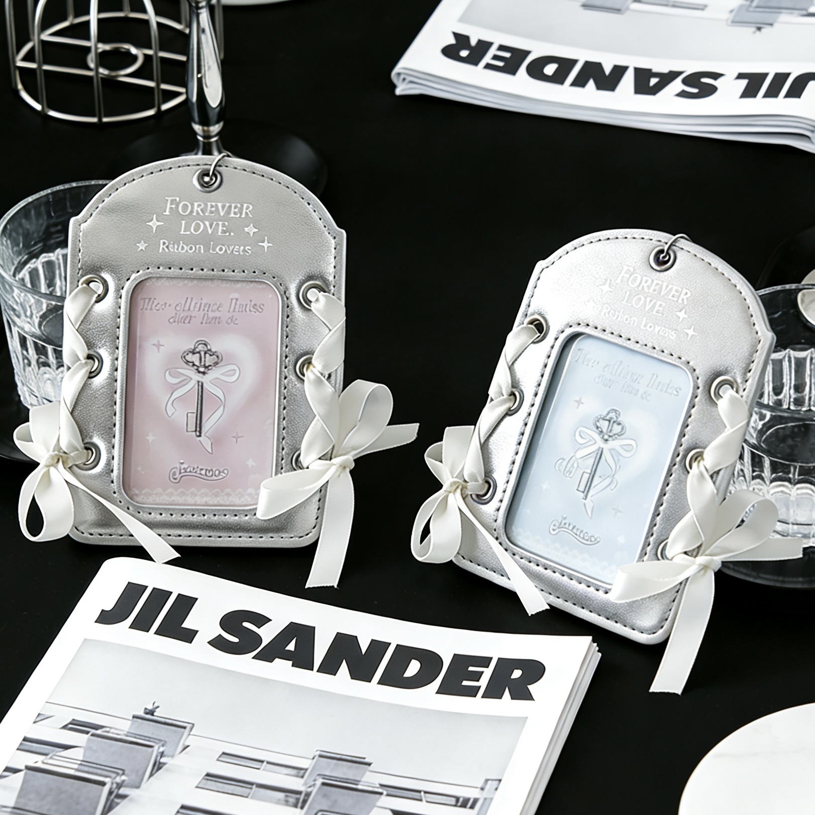Ins Ballet Silver Leather High-Quality Pu Card Holder 3inch Small Card Display Pendant Protective Cover DIY Ribbon Card Holder